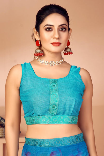 Geometric Print, Graphic Print, Printed Bollywood Chiffon, Lace Saree (Blue)