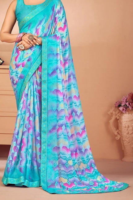 Geometric Print, Graphic Print, Printed Bollywood Chiffon, Lace Saree (Blue)