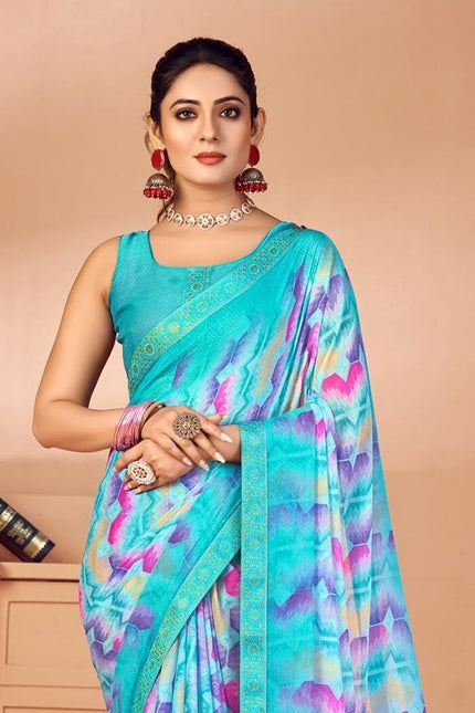 Geometric Print, Graphic Print, Printed Bollywood Chiffon, Lace Saree (Blue)