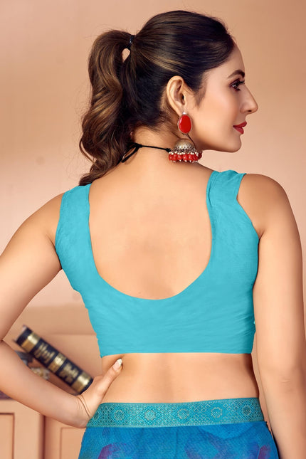 Geometric Print, Graphic Print, Printed Bollywood Chiffon, Lace Saree (Blue)