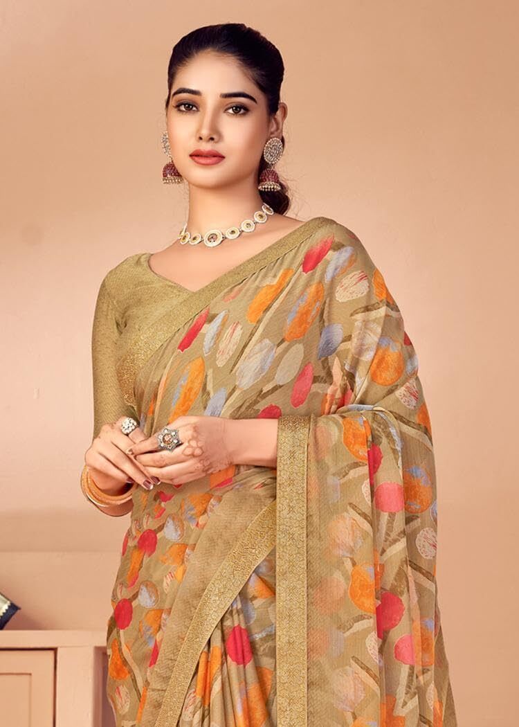 Graphic Print Chiffon Georgette Saree with Attached Border (Brown)