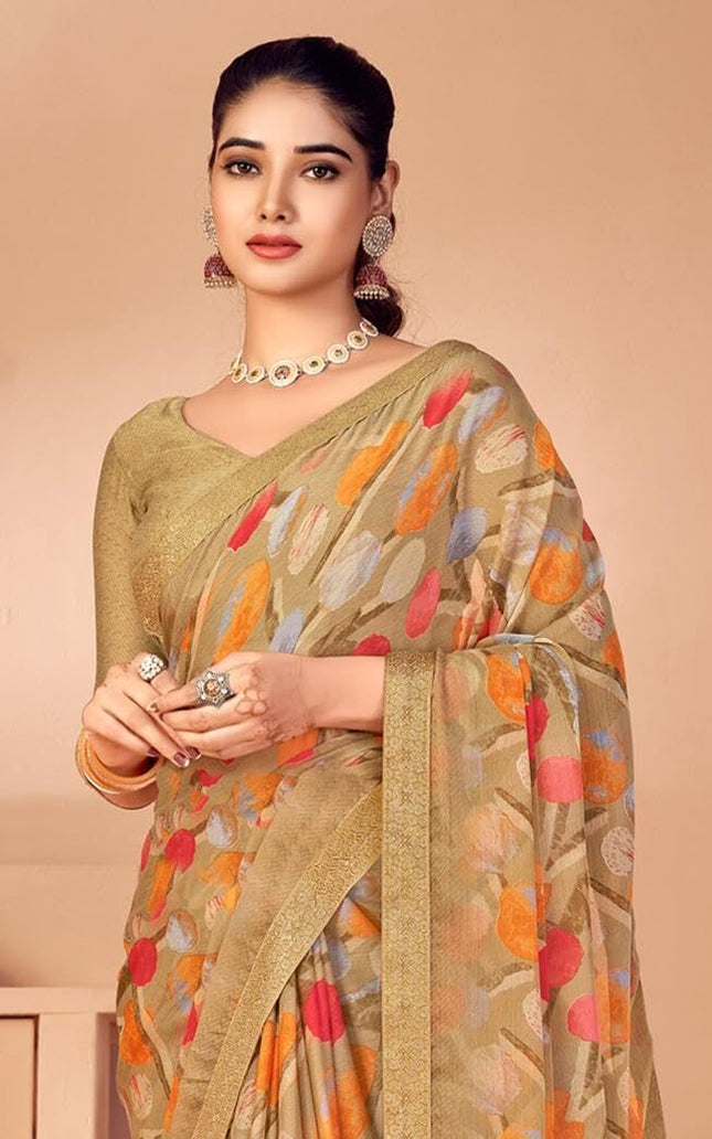 Geometric Print, Graphic Print, Printed Bollywood Chiffon, Lace Saree (Brown)