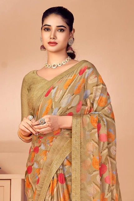 Geometric Print, Graphic Print, Printed Bollywood Chiffon, Lace Saree (Brown)