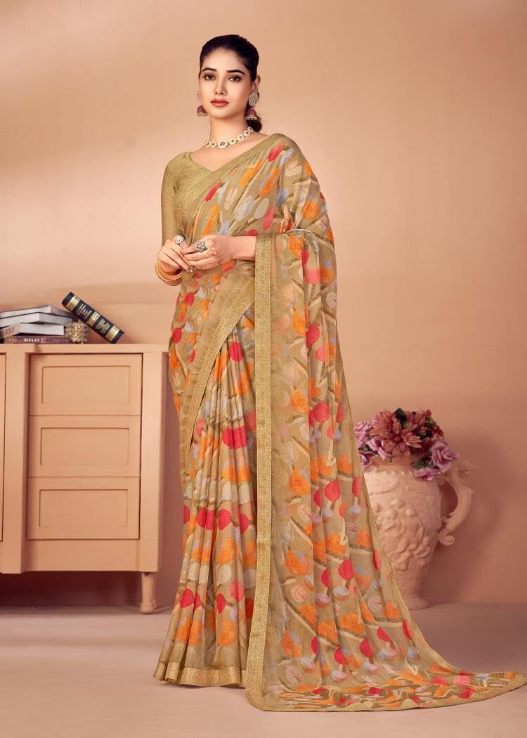 Graphic Print Chiffon Georgette Saree with Attached Border (Brown)