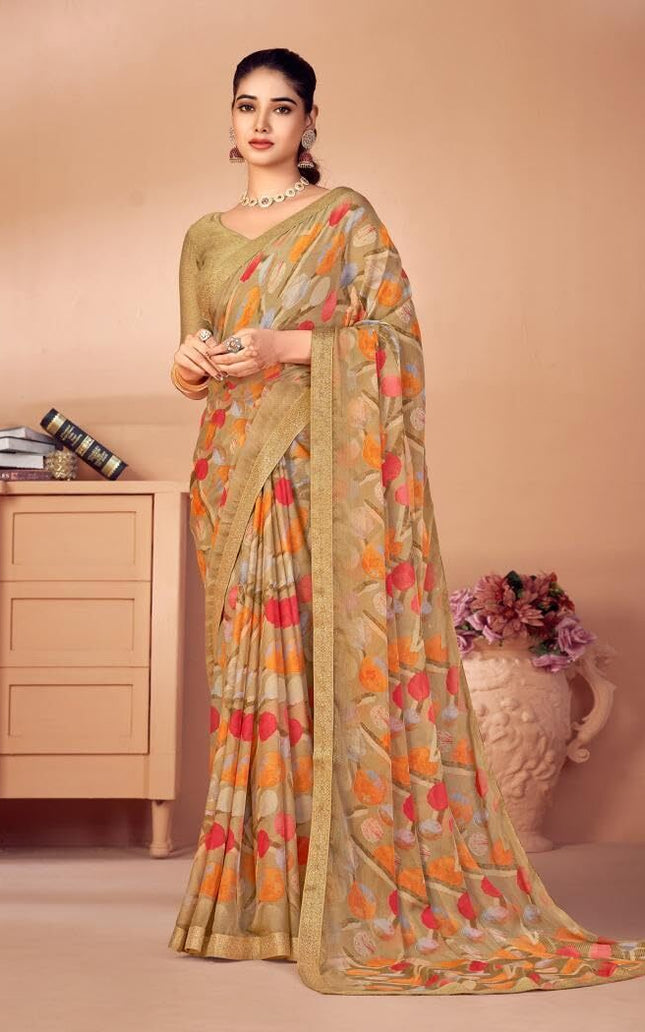 Geometric Print, Graphic Print, Printed Bollywood Chiffon, Lace Saree (Brown)