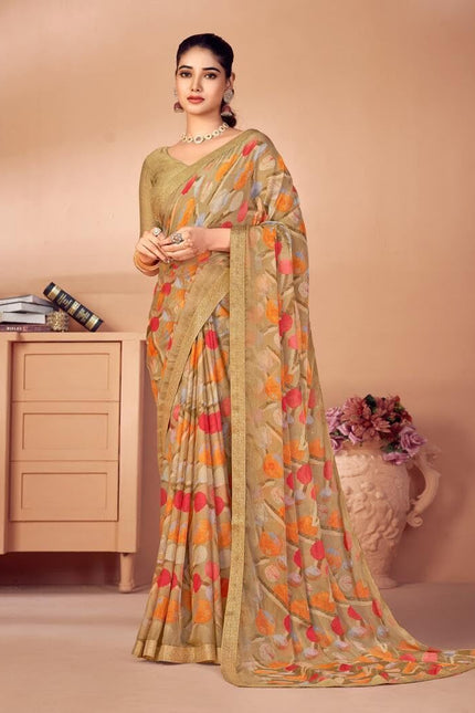 Geometric Print, Graphic Print, Printed Bollywood Chiffon, Lace Saree (Brown)