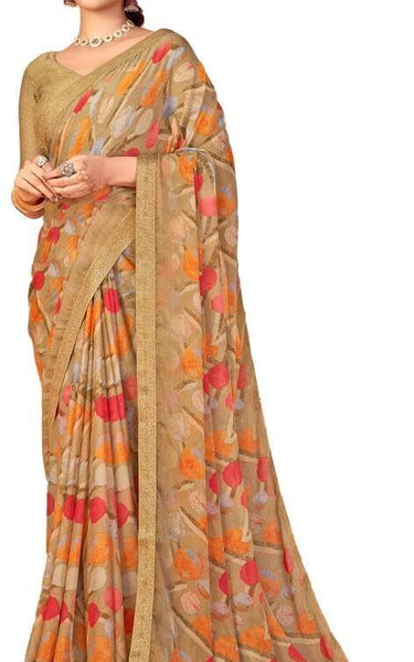 Geometric Print, Graphic Print, Printed Bollywood Chiffon, Lace Saree (Brown)