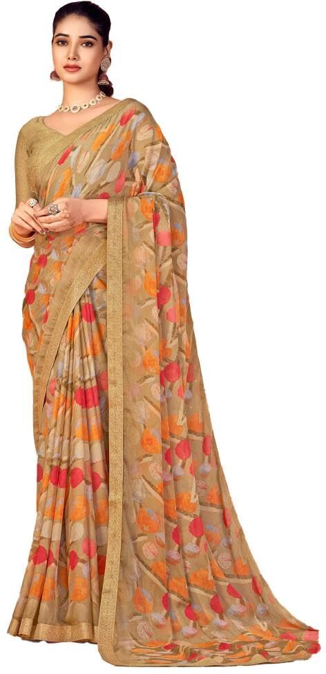 Geometric Print, Graphic Print, Printed Bollywood Chiffon, Lace Saree (Brown)