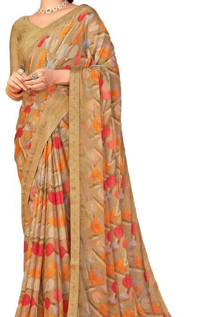 Geometric Print, Graphic Print, Printed Bollywood Chiffon, Lace Saree (Brown)