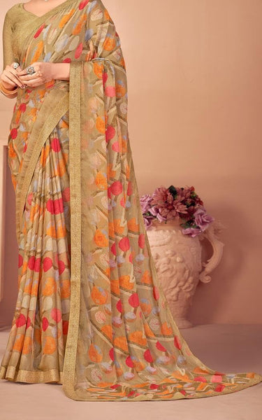 Geometric Print, Graphic Print, Printed Bollywood Chiffon, Lace Saree (Brown)