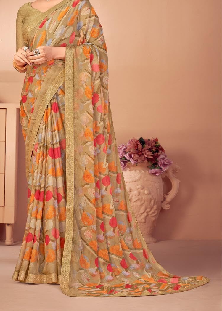 Graphic Print Chiffon Georgette Saree with Attached Border (Brown)