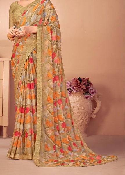 Geometric Print, Graphic Print, Printed Bollywood Chiffon, Lace Saree (Brown)