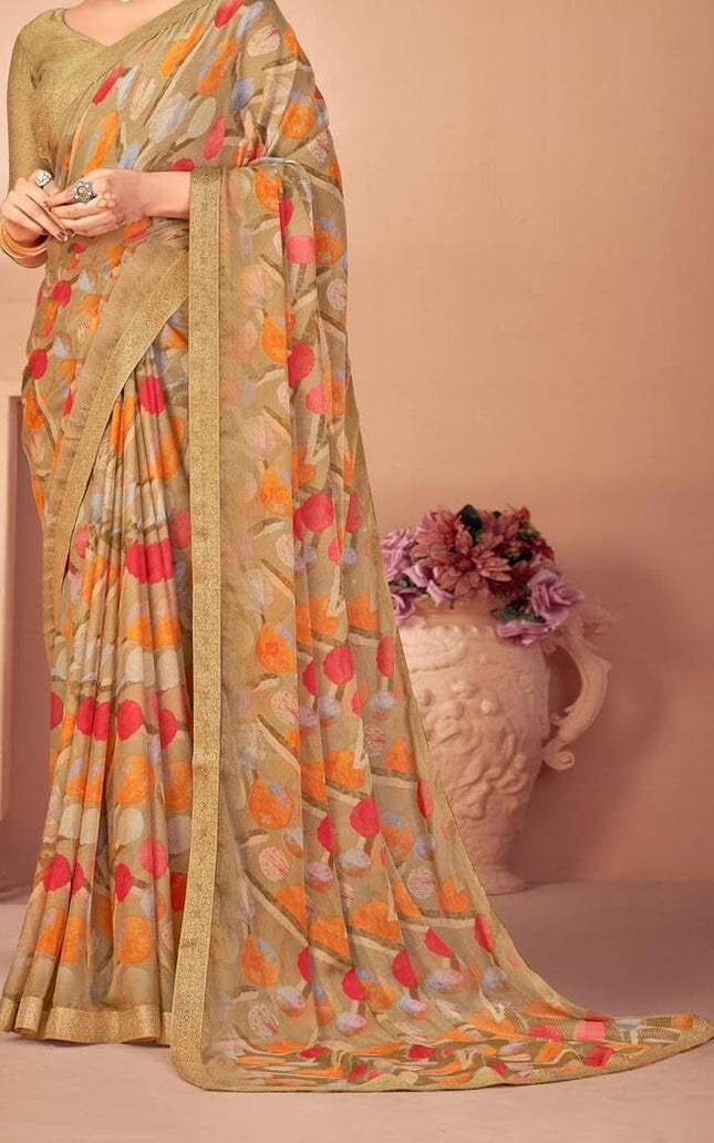 Geometric Print, Graphic Print, Printed Bollywood Chiffon, Lace Saree (Brown)
