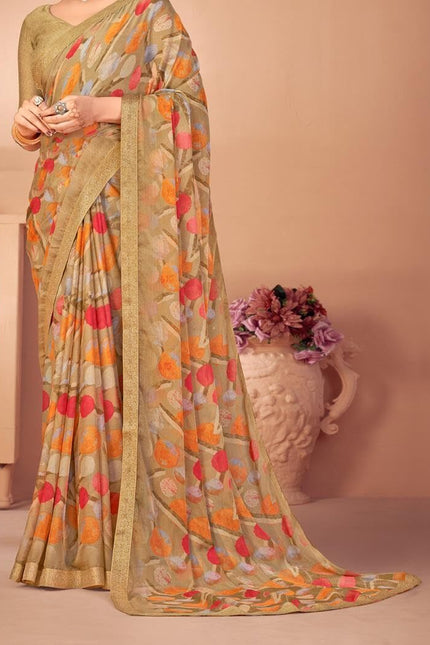 Geometric Print, Graphic Print, Printed Bollywood Chiffon, Lace Saree (Brown)