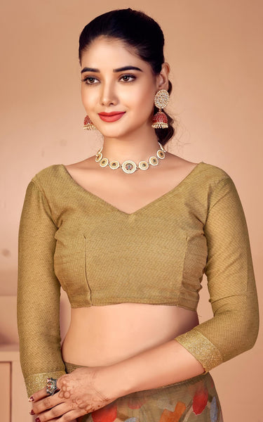 Geometric Print, Graphic Print, Printed Bollywood Chiffon, Lace Saree (Brown)