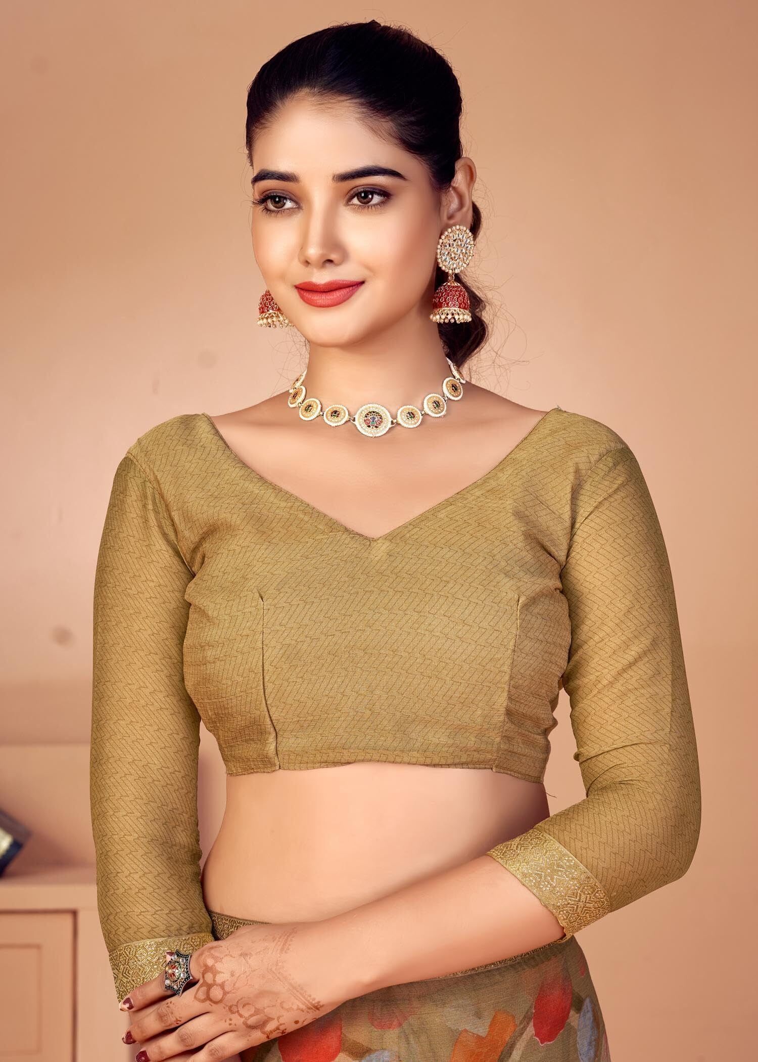 Graphic Print Chiffon Georgette Saree with Attached Border (Brown)