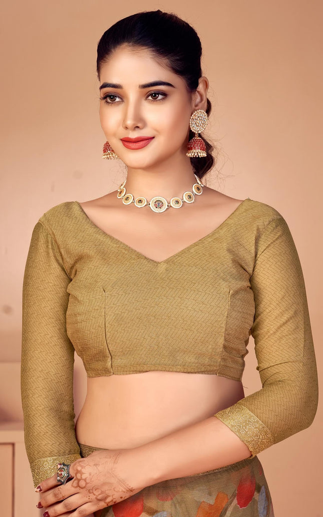 Geometric Print, Graphic Print, Printed Bollywood Chiffon, Lace Saree (Brown)