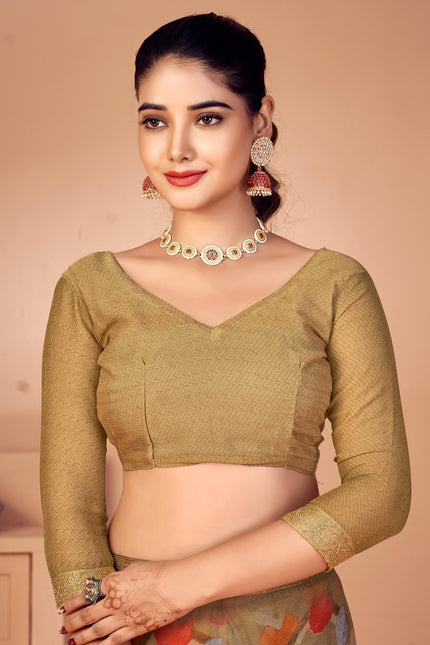 Geometric Print, Graphic Print, Printed Bollywood Chiffon, Lace Saree (Brown)