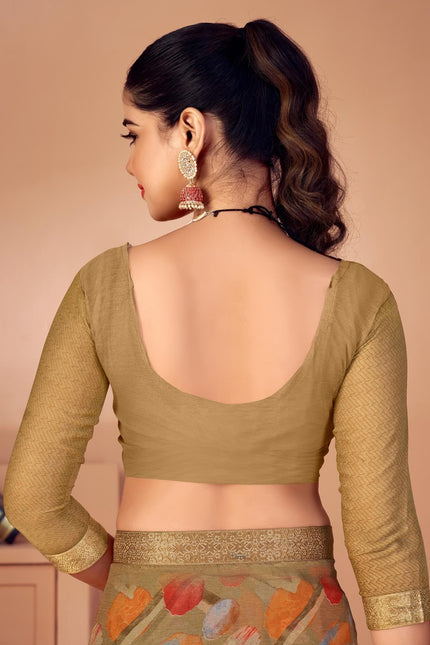 Geometric Print, Graphic Print, Printed Bollywood Chiffon, Lace Saree (Brown)