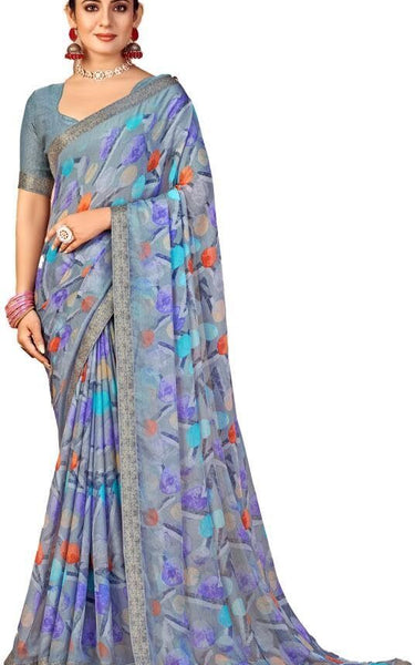 Geometric Print, Graphic Print, Printed Bollywood Chiffon, Lace Saree (Grey)