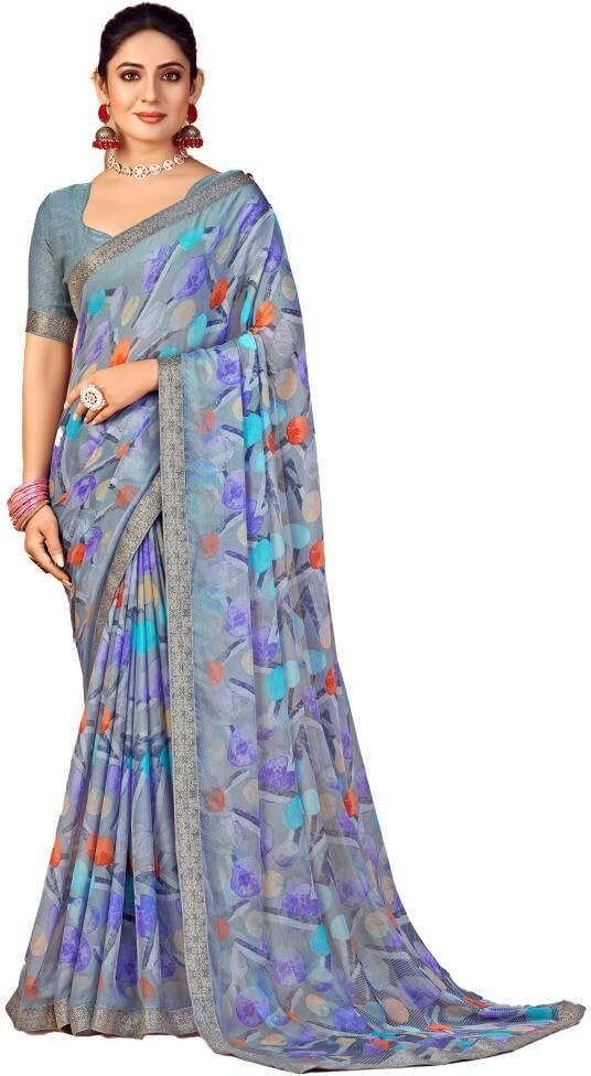 Graphic Print Chiffon Georgette Saree with Attached Border (Grey)