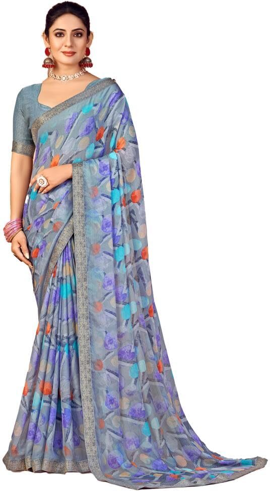 Geometric Print, Graphic Print, Printed Bollywood Chiffon, Lace Saree (Grey)