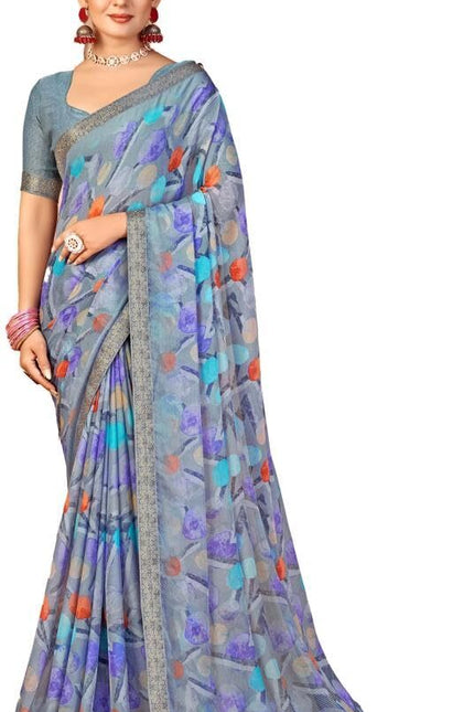 Geometric Print, Graphic Print, Printed Bollywood Chiffon, Lace Saree (Grey)