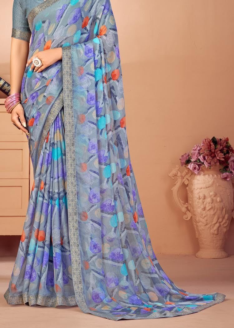 Graphic Print Chiffon Georgette Saree with Attached Border (Grey)