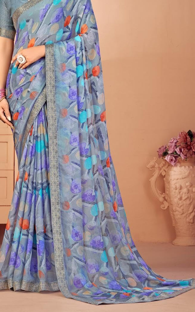 Geometric Print, Graphic Print, Printed Bollywood Chiffon, Lace Saree (Grey)