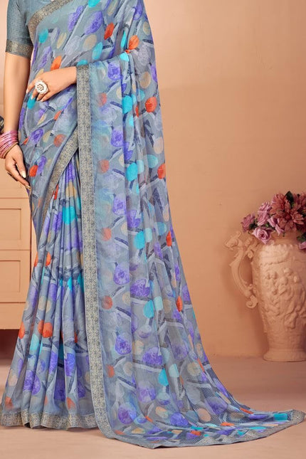 Geometric Print, Graphic Print, Printed Bollywood Chiffon, Lace Saree (Grey)