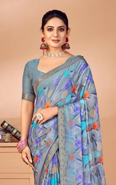 Geometric Print, Graphic Print, Printed Bollywood Chiffon, Lace Saree (Grey)