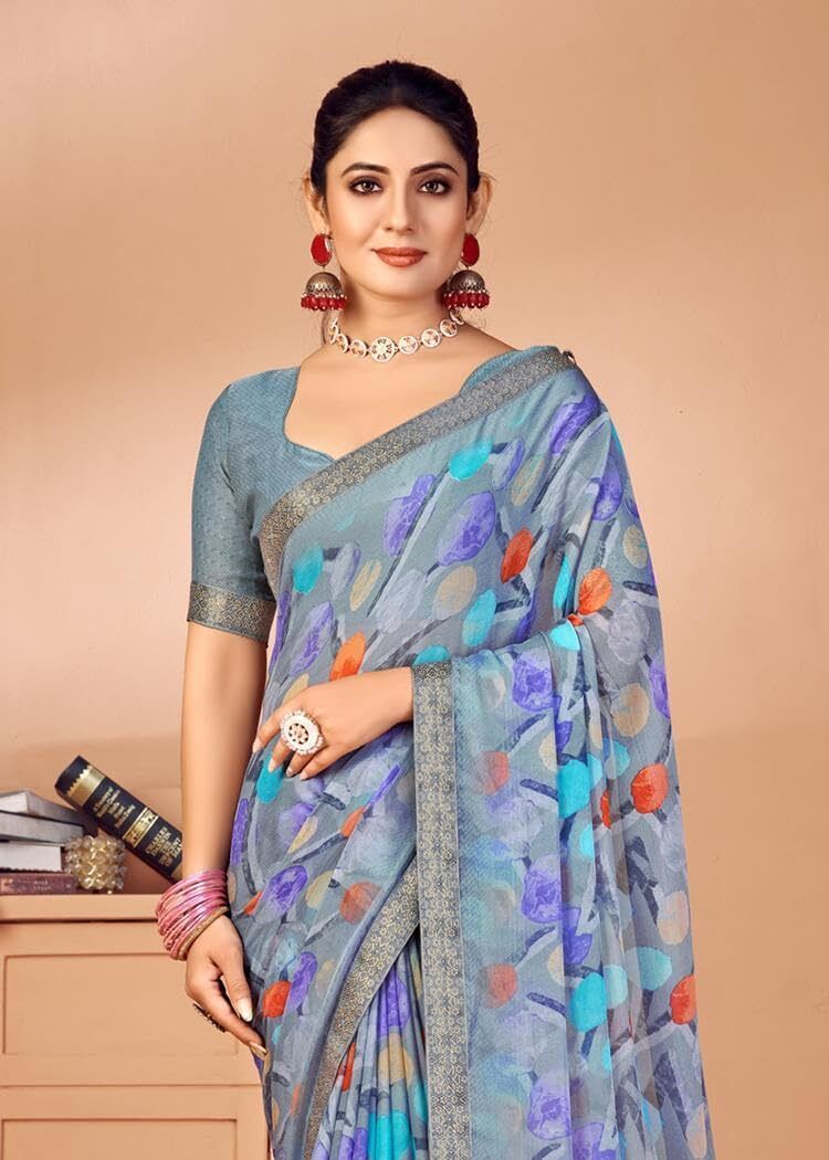 Graphic Print Chiffon Georgette Saree with Attached Border (Grey)