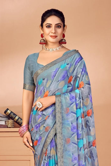 Geometric Print, Graphic Print, Printed Bollywood Chiffon, Lace Saree (Grey)
