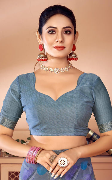 Geometric Print, Graphic Print, Printed Bollywood Chiffon, Lace Saree (Grey)