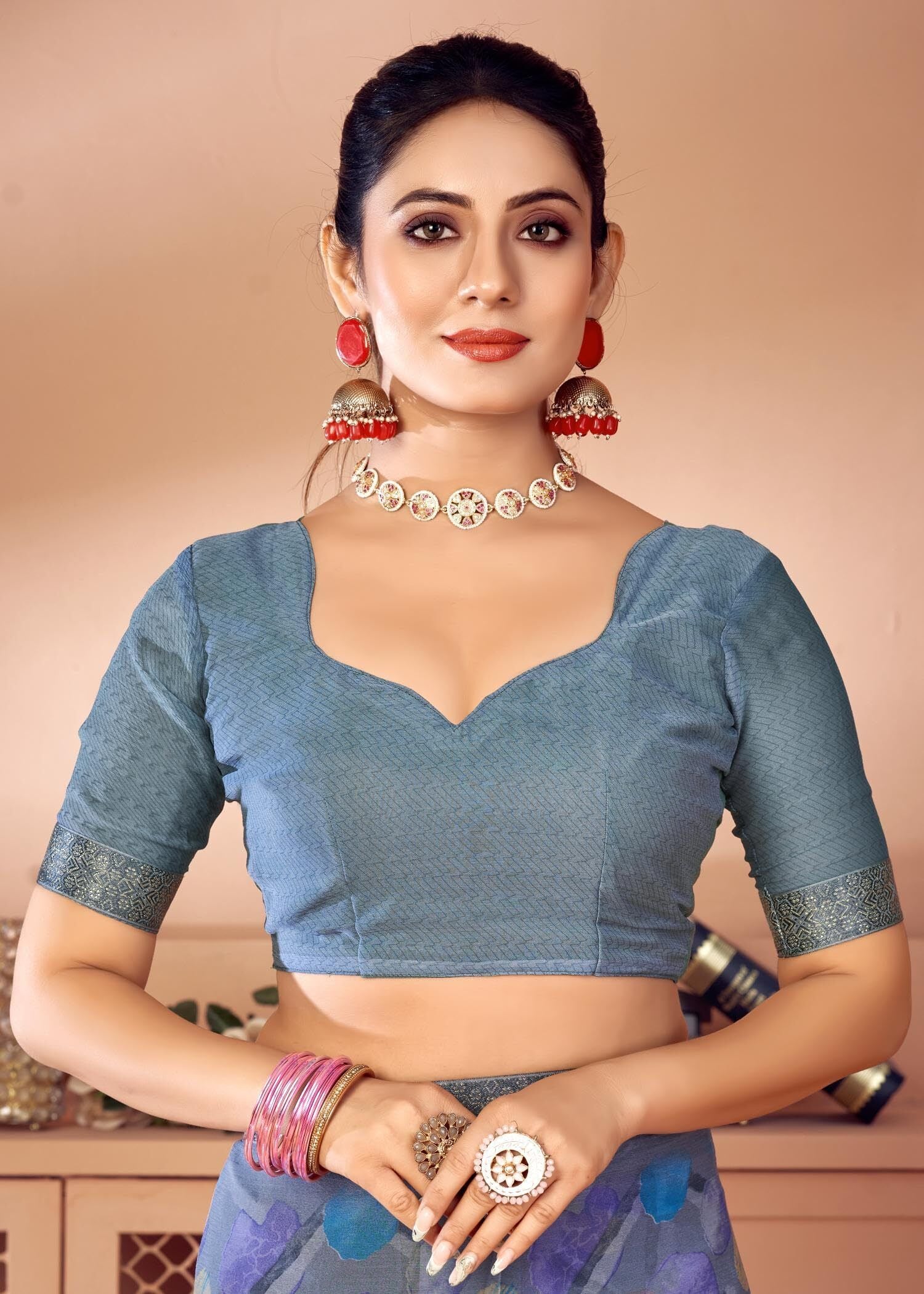 Graphic Print Chiffon Georgette Saree with Attached Border (Grey)