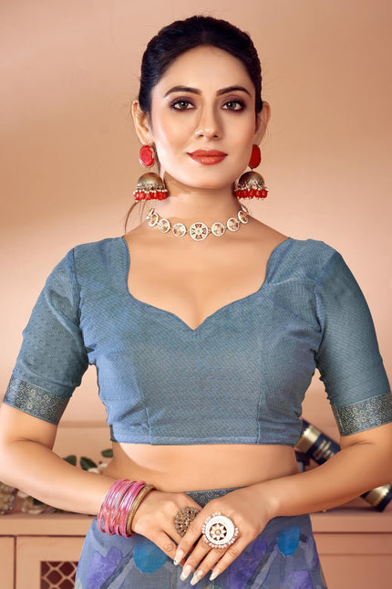 Geometric Print, Graphic Print, Printed Bollywood Chiffon, Lace Saree (Grey)