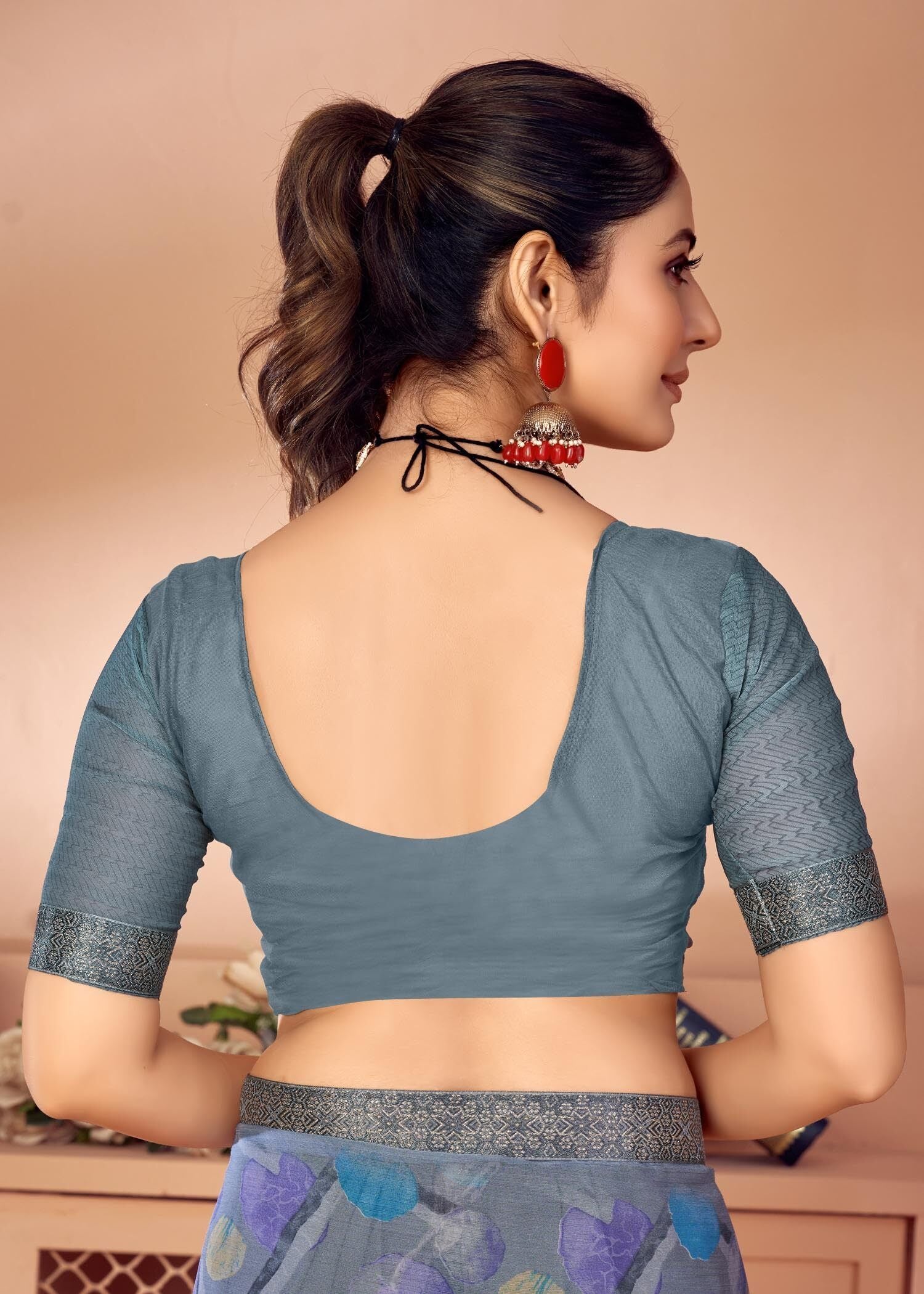 Graphic Print Chiffon Georgette Saree with Attached Border (Grey)
