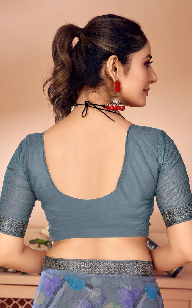 Geometric Print, Graphic Print, Printed Bollywood Chiffon, Lace Saree (Grey)