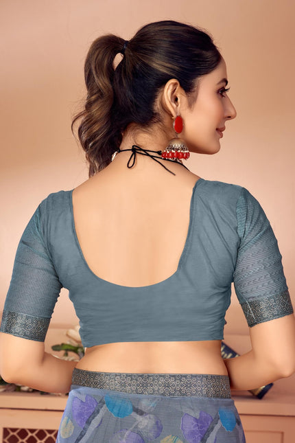 Geometric Print, Graphic Print, Printed Bollywood Chiffon, Lace Saree (Grey)