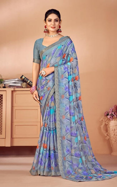 Geometric Print, Graphic Print, Printed Bollywood Chiffon, Lace Saree (Grey)