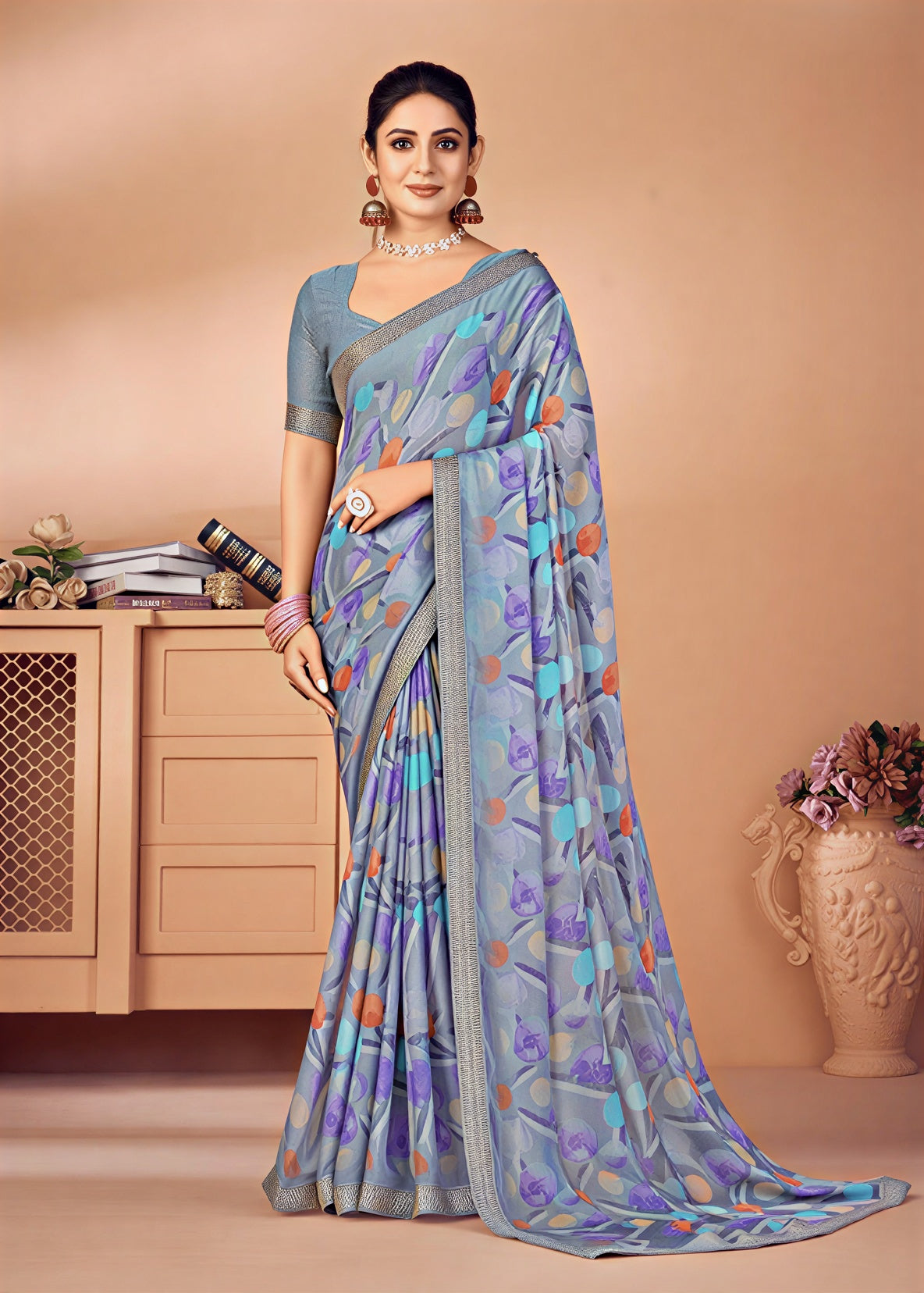 Graphic Print Chiffon Georgette Saree with Attached Border (Grey)