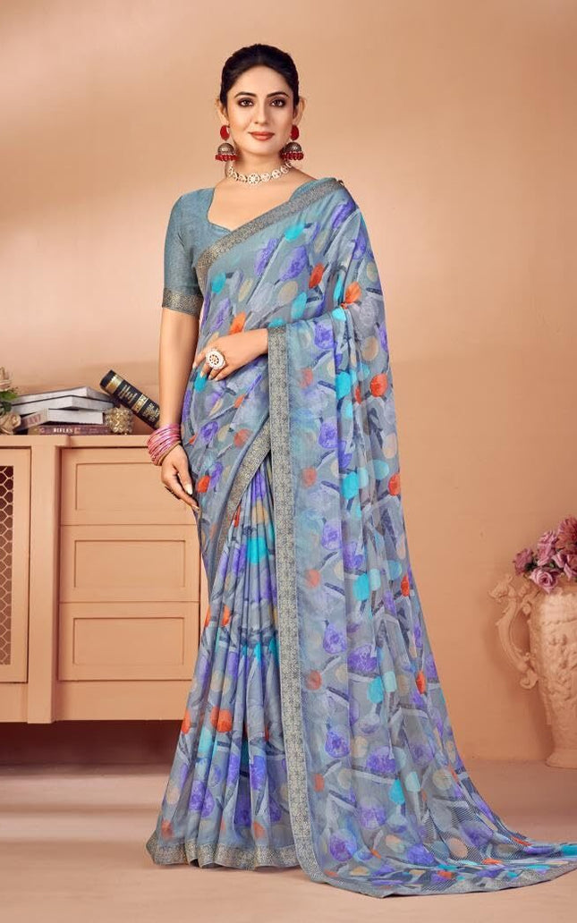 Geometric Print, Graphic Print, Printed Bollywood Chiffon, Lace Saree (Grey)