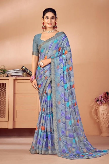 Geometric Print, Graphic Print, Printed Bollywood Chiffon, Lace Saree (Grey)