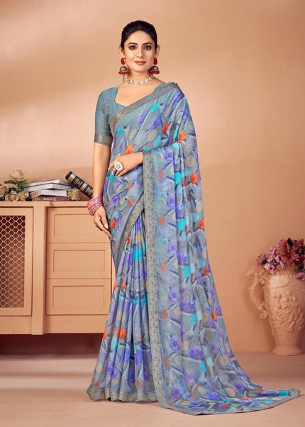 Geometric Print, Graphic Print, Printed Bollywood Chiffon, Lace Saree (Grey)