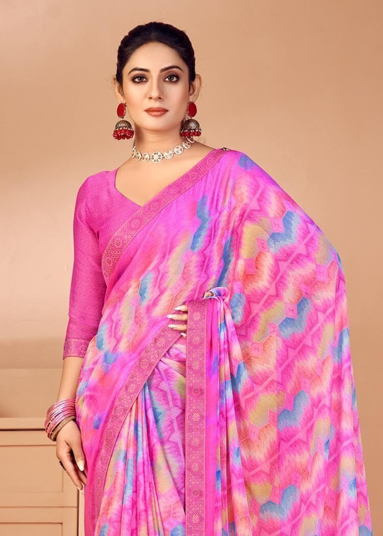 Graphic Print Chiffon Georgette Saree with Attached Border (Pink)