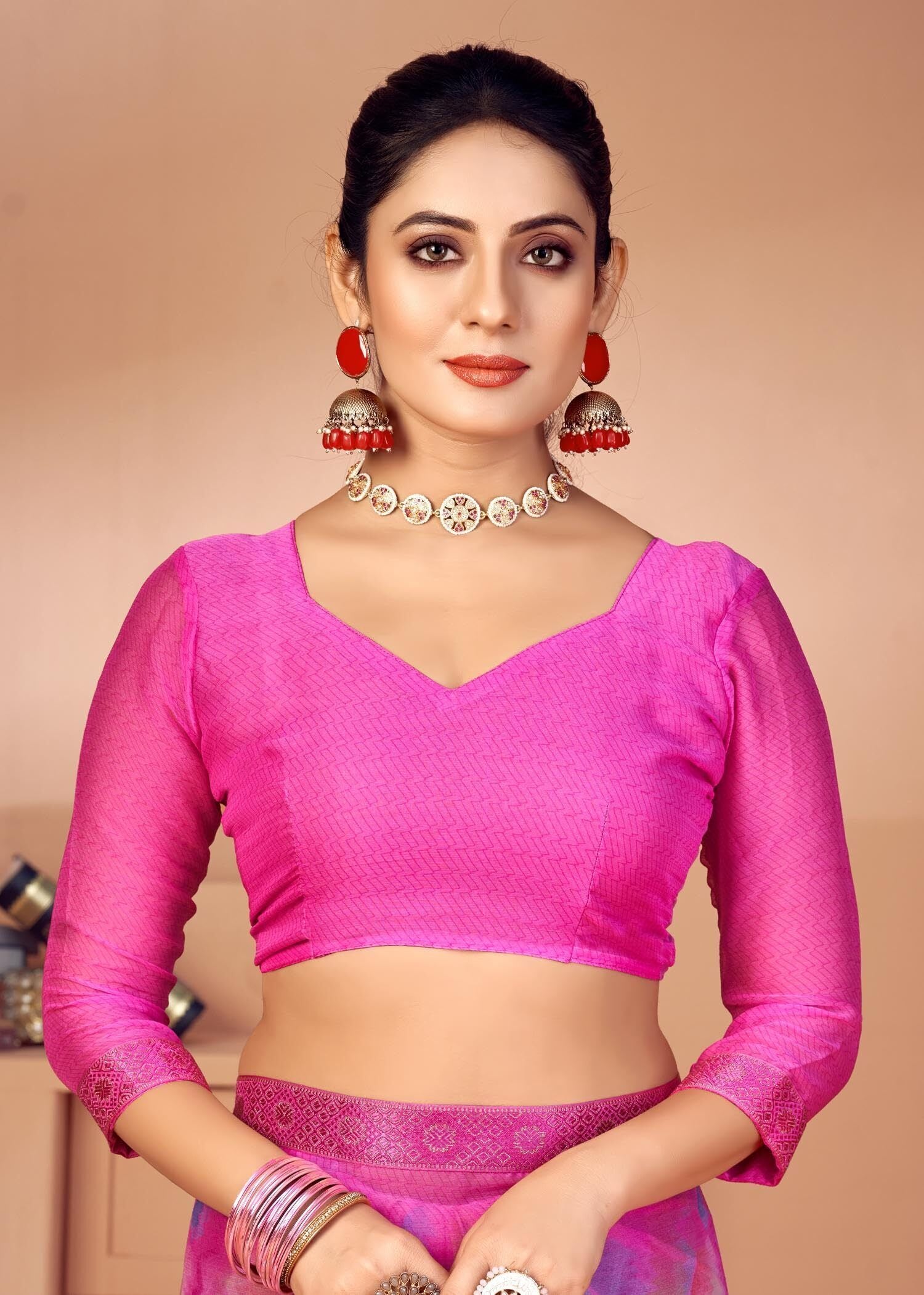 Graphic Print Chiffon Georgette Saree with Attached Border (Pink)