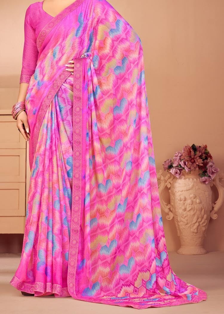 Graphic Print Chiffon Georgette Saree with Attached Border (Pink)