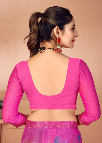 Geometric Print, Graphic Print, Printed Bandhani Chiffon, Lace Saree (Pink)