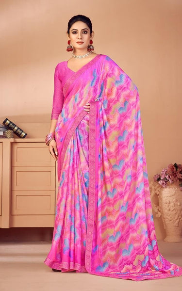 Geometric Print, Graphic Print, Printed Bandhani Chiffon, Lace Saree (Pink)