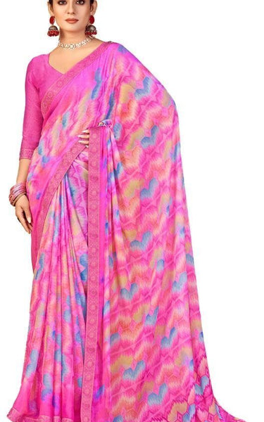 Geometric Print, Graphic Print, Printed Bandhani Chiffon, Lace Saree (Pink)